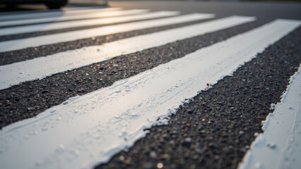 Freshly painted white stripes on crosswalk create striking contrast against asphalt surface, enhancing pedestrian safety and visibility