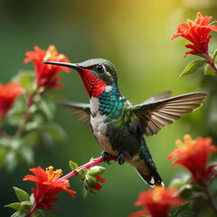 Fototapeta premium Tiny hummingbird with vibrant plumage hovers near bright red flowers