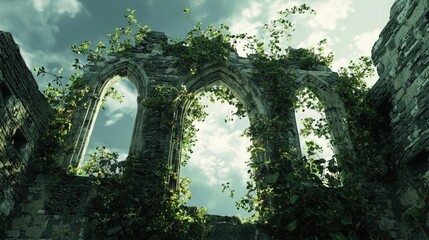 Obraz premium Ruined stone structure overgrown with greenery under a partly cloudy sky.