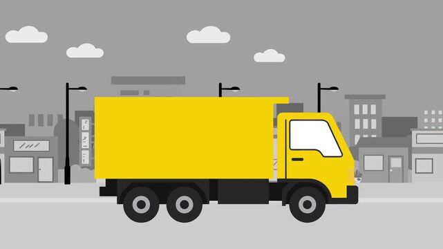 Animated flat vector of a yellow cargo truck moving along a city street. Ideal for logistics branding, freight, and delivery business visuals.