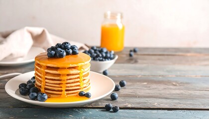 Stack of pancakes topped with blueberries and syrup.