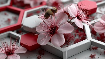 Close-Up of Delicate Pink Flowers with Bee, Abstract Red and White Hexagonal Background &ndash; Vibrant Floral Aesthetic with Organic & Geometric Contrast