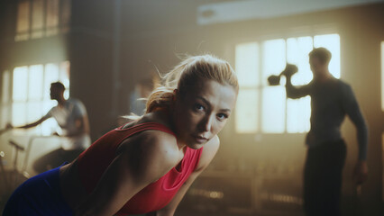 Determined sportswoman resting after intense workout in gym