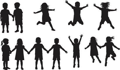 Silhouettes of children playing, jumping, holding hands, happy kids, childhood fun, friendship, outdoor activity, joy, active lifestyle, playful moments illustration