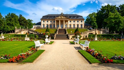 Obraz premium A grand estate with meticulously landscaped gardens and a stately mansion.