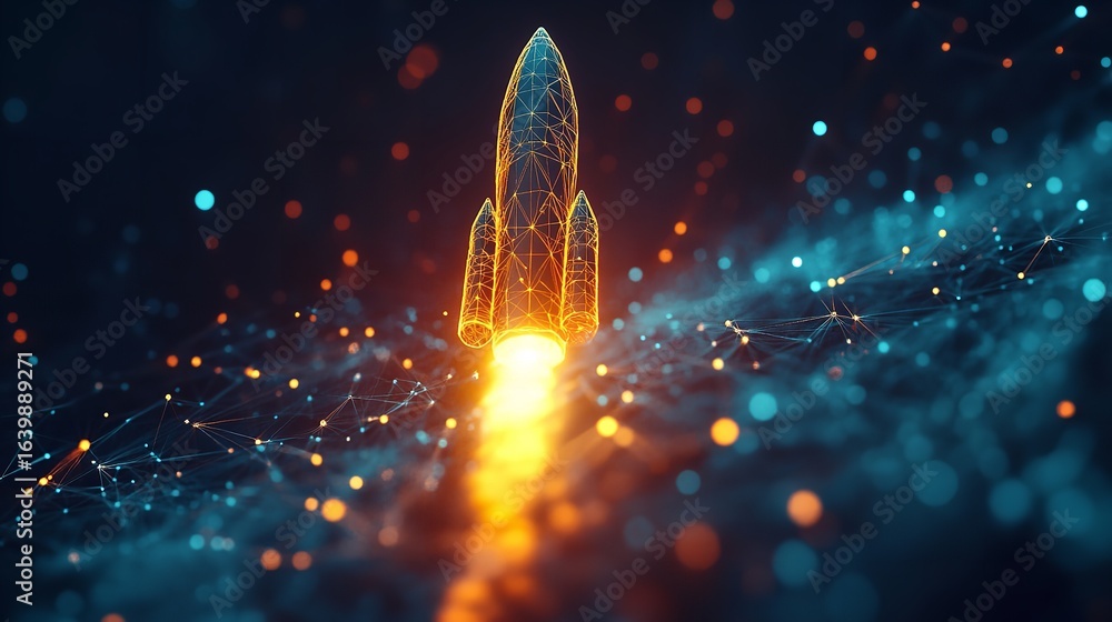 Poster a digital rocket launching into a network of connected nodes in a dark abstract space setting