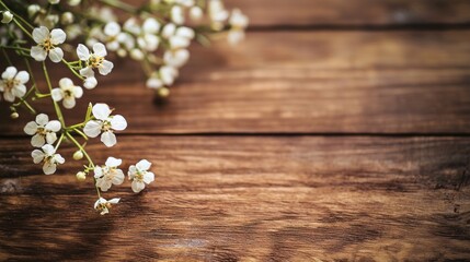 A wooden table with a white flower arrangement on it.