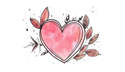 A heart shape, blush pink, outlined in white, with watercolor wash effect, surrounded by muted brown and gray leaves and sprigs