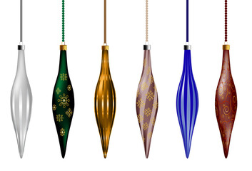 Vector. 3d Christmas decorative finials isolated on white background. Holiday hanging decorations. Colorful collection of ornaments.