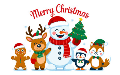Fototapeta premium Merry Christmas characters with festive attire greeting holiday