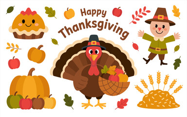 Fototapeta premium Thanksgiving holiday characters and harvest turkey pilgrim