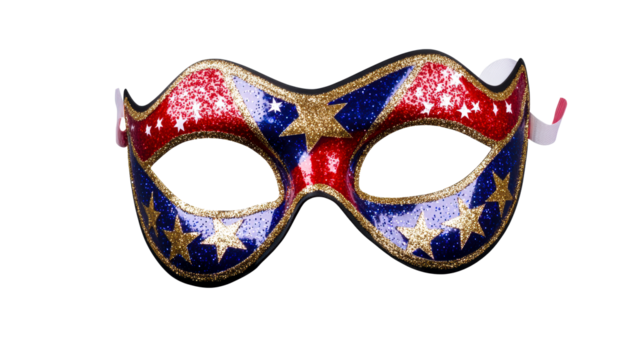 Glittering Festive Face Mask with Stars and Ribbons Isolated