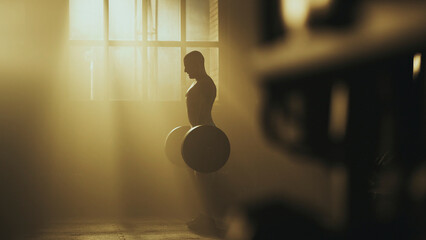 Bodybuilder lifting weights in smoky gym with sunlight