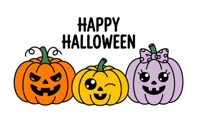 Three cute halloween pumpkins with faces orange yellow