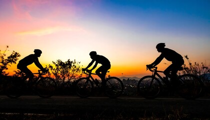 Obraz premium Cyclists in silhouette at sunrise.