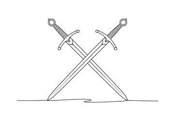 One line drawing of two crossed swords. A simple minimalist line art.