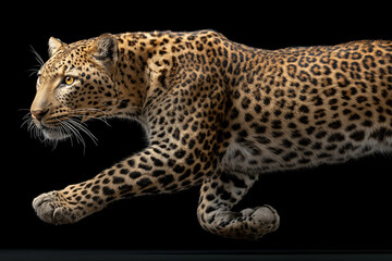 Fototapeta premium A majestic leopard gracefully moving forward, showcasing its spotted coat, and focused gaze. Captured against a dark background