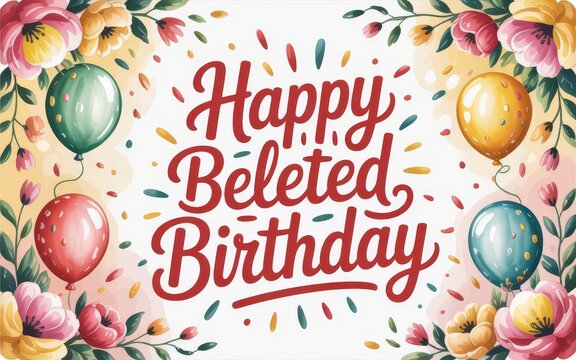 Colorful Happy Belated Birthday Greeting Card with Floral Design and Decorative Balloons
