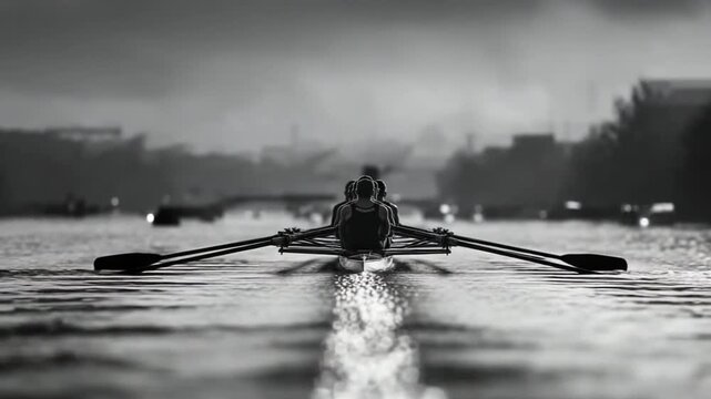 Rowing team training on river in black and white