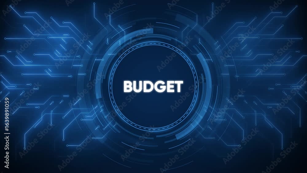 Poster budget concept with technology circuit board background and digital network visuals