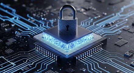 Digital security concept with padlock on processor, protecting data from cyber threats, modern tech