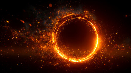 Fototapeta premium Fiery glowing ring surrounded by sparks and cosmic particles in a dark setting