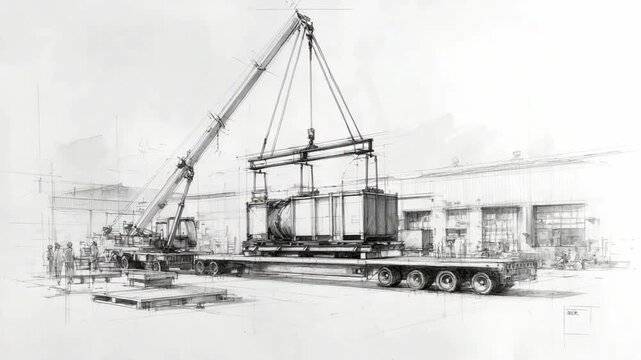 Mobile crane lifting heavy cargo onto flatbed truck pencil sketch