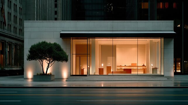 Modern Retail Storefront Illuminated at Night