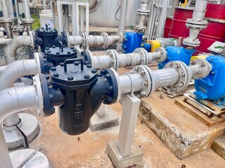 A detailed view of a large black industrial strainer and multiple blue pumps in a factory setting....