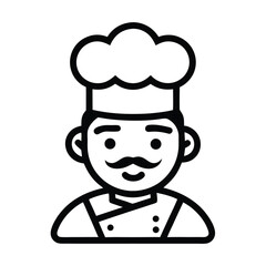 Chef Icon with Hat and Moustache in Bold Black Outline on White Background