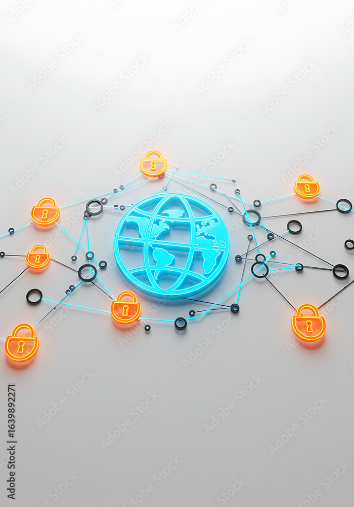 Poster global network security: digital world represented by a blue globe at the center, encircled by a net