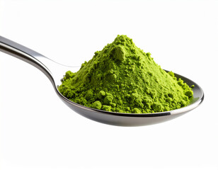 Close up of vibrant green matcha powder piled high on a silver spoon isolated on transparent background