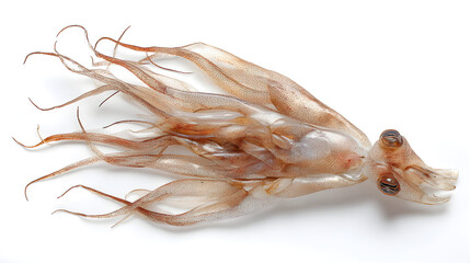Fresh squid tentacles displayed on white background showing detail and texture