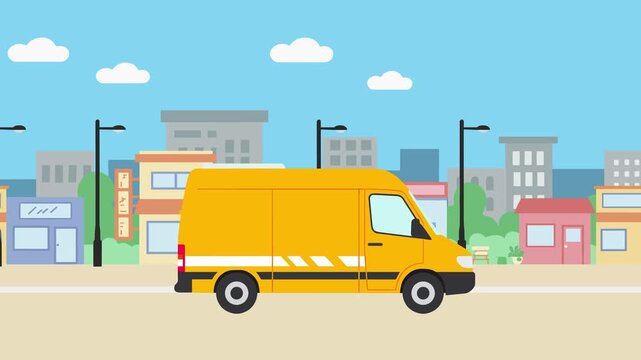 Orange delivery van driving along urban street with cartoon buildings. Flat animation style, suitable for transport, courier service, and delivery concepts.