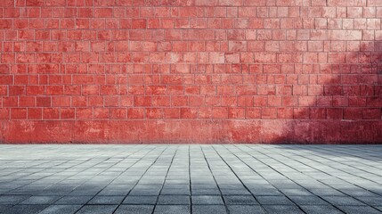 Fototapeta premium A red brick wall with a shadow cast on it, creating a textured and shadowed effect.