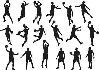 Basketball player silhouettes, action poses collection, slam dunk and dribbling, sports athlete movement, game motion design, black figures on white, vector illustration art