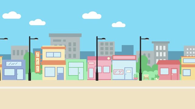 Colorful cartoon city street with shops and houses, animated camera moving along the town. Perfect for educational content, children&rsquo;s videos, and explainer animations.