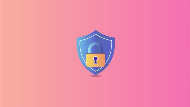 Animated concept of cybersecurity protection. A shield and padlock icon appear on a gradient pink background, symbolizing data security, encryption, and privacy protection.