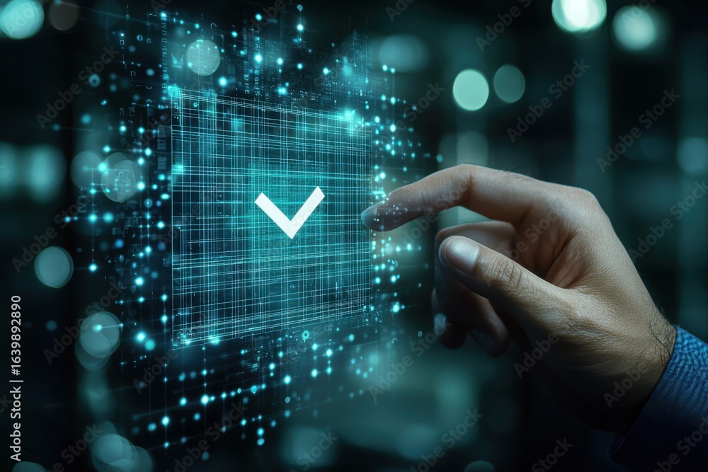 Poster digital verification concept with a hand interacting with a virtual checkmark on a futuristic screen