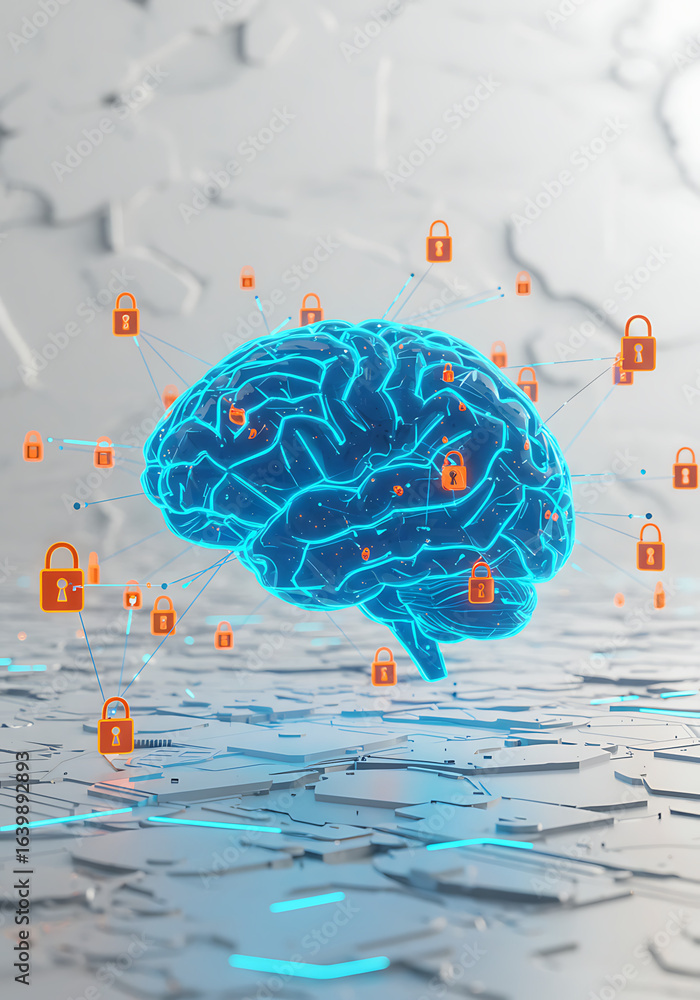 Poster digital brain protection: an illuminated representation of a brain, enveloped by a network of interc