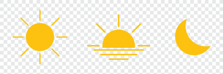 Sun and moon icons set. Dark and light mode symbol. Daytime sunset, sun, moon icon set. Day and night vector icons set. Morning sunrise, noon sun, and night moon. planning, or weather design. 