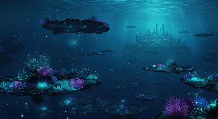 Underwater city with platforms, flora, and shafts of light in a deep blue