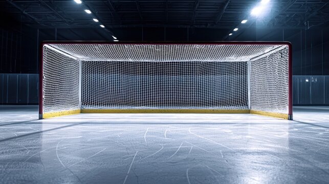 A hockey rink with a goal net in the center, illuminated by bright lights. The scene is devoid of players, emphasizing the emptiness of the rink.