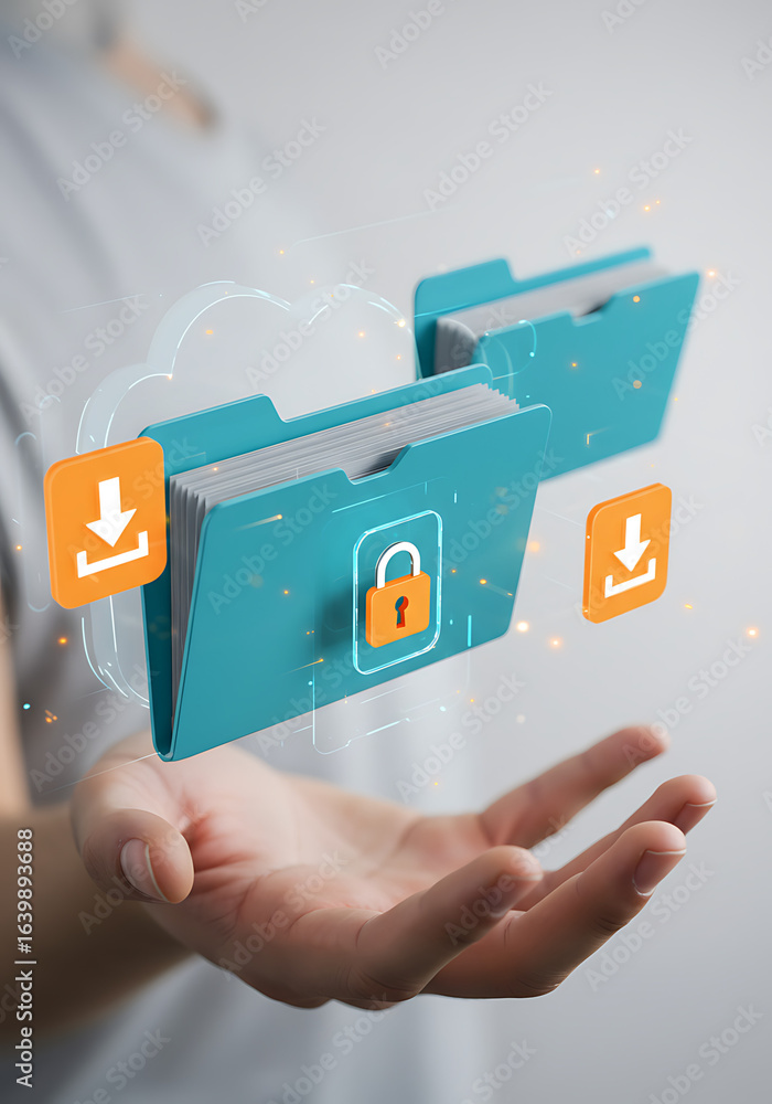 Poster cloud data security: a digital artwork illustrating the secure storage and accessibility of data. a 