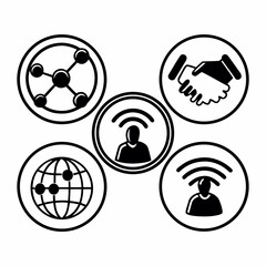 Illustration of communication network with handshake, globe, antenna, and person isolated on white background
