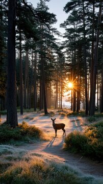 Silhouetted Deer Grazing at Dawn in a Frosty Forest