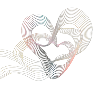 Abstract heart shape composed of swirling, interwoven lines and colored speckles