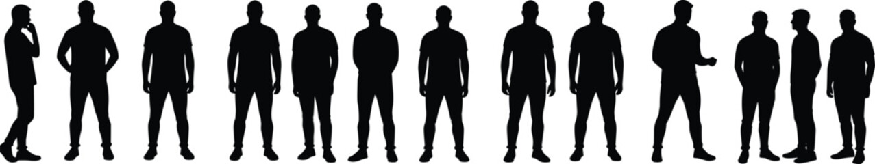 Male silhouettes, standing man poses, casual posture collection, people in various stances, black figure set, human profile design, white background, vector illustration art