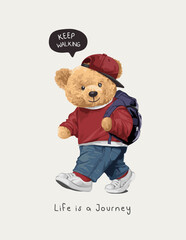 bear doll in red sweater and backpack vector illustration - created by hand drawn
