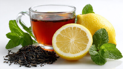 Glass cup of hot lemon tea with fresh mint leaves, lemon halves, and loose leaf black tea on white background